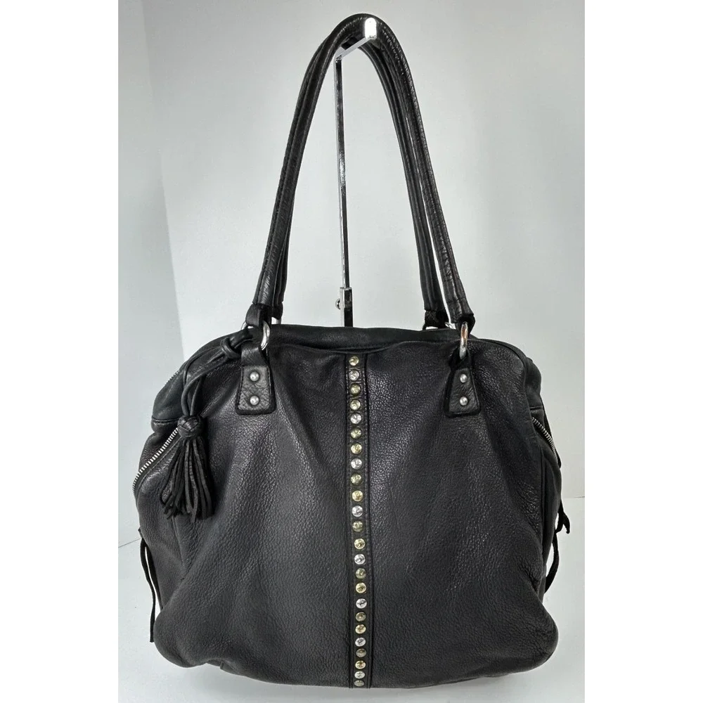 Designer Inspired‎ Large Soft Pebble Leather Satchel Black Double Handle Studded